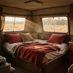 old camper interior, bed with blankets, pillows, red and brown interior, golden hour, western, dust, nostalgic, godrays, soft lighting, digital art, cozy, highly detailed, trending on artstation