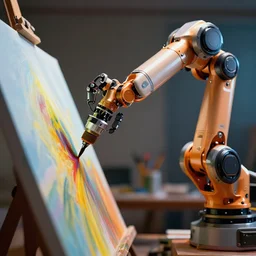 a robot arm paiting a picture, shallow depth of field, dramatic lighting, 4 k, maximalism, hyper detailed, prefection, trending on artstation, digital paiting, octane render, unreal engine