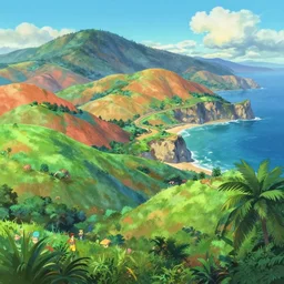 A beautiful illustration of a breathtaking nature landscape, vivid coloes, hills, ocean, cliffs, palm trees, by Beeple, Makoto Shinkai, Thomas Kinkade, Albert Bierstadt, unreal engine, cryengine, Artstation