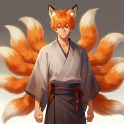 An beautiful digital painting of an orange-haired man with fox ears and nine tails wearing a kimono, by Stanley Artgerm Lau, WLOP, Rossdraws, James Jean, Andrei Riabovitchev, Marc Simonetti, and Sakimichan, tranding on artstation, SFW version