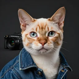 full head photo portrait of a cute cornish rex cat made with jeans jacket, medium shot, super realistic, crisp details, sharp, detailed, hyperealist, intricate, volumetric lights, cinematic, photorealism, shot with hasselblad camera, octane render