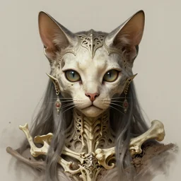 stunning cat goddess of skull portrait, skull, bones, dirt, fantasy, intricate, elegant, highly detailed, digital painting, artstation, concept art, smooth, sharp focus, illustration, art by afshar petros and krenz cushart and artem demura