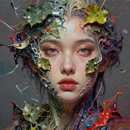 face closeup of beautiful girl in intricate detailed color smashing fluid oilpaint, 3 d render, hyper realistic detailed portrait, color leaves, melting wax, broken mirror, fluid acrilic, impasto, thin fractal tendrils, ruan jia, wlop. scifi, fantasy, hyper detailed, octane render, concept art, by peter mohrbacher, by wlop, by ru
