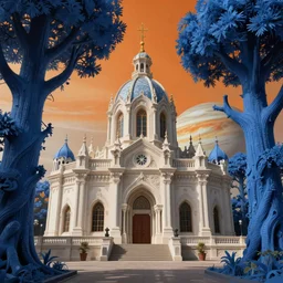 hyperrealistic hyper detailed day shot of neo-rococo monastery on jupiter surrounded by giant blue trees matte painting concept art maciej kuciara gustave courbet cinematic orange lighting low angle hd 8k sharp shallow depth of field