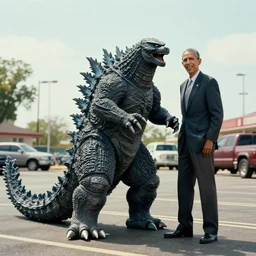 godzilla vs obama in a wendy ’ s parking lot, photography, realistic, realism, photorealism, f 3. 5