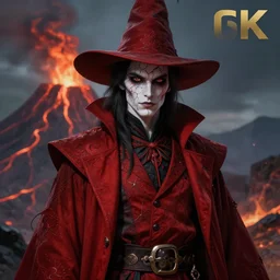 an anthropomorphic beautiful cracked skin male wizard in a volcano wearing red suit, fine art, award winning, intricate, elegant, sharp focus, octane render, hyperrealistic, wizard hat cinematic lighting, highly detailed, digital painting, 8 k concept art, art by jamie hewlett and z. w. gu, masterpiece, trending on artstation, 8 k