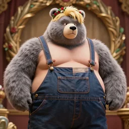 blushing bear man chubby sumo anthro, blonde hair, grey fur, wearing overalls flannel posing seductive, looking seductively, ornate wreath, style in akihito tsukashi focus