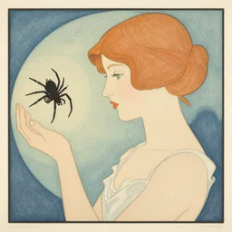 a girl with a spider, colored woodcut, flat pastel colors, by Mackintosh, art noveau, by Ernst Haeckel, by Gustave Dorè