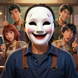 portrait of a cinematic still of miyamotoas the happy mask salesman, art by lois van baarle and loish and ross tran and rossdraws and sam yang and samdoesarts and artgerm and saruei and disney, digital art, highly detailed, intricate, sharp focus, trending on artstation hq, deviantart, 4 k