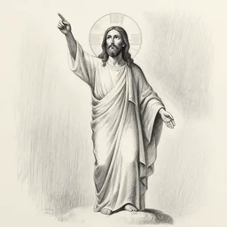gigachad benediction, gigachad jesus, pointing to heaven, pencil art, holy iconography