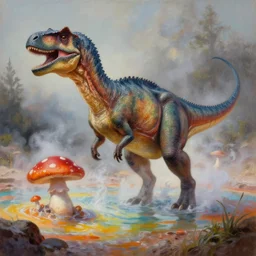 highly detailed oil painting of a dinosaur ( ( mushroom ) ) in a steaming colorful hotspring, featured on artstation