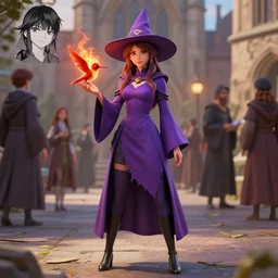 Young petite beautiful woman in slim purple prudish wizards apprentice robes with pointy hat at a crowded magical university, a flaming magical red flame hummingbird pet, full body shot unreal engine hyperreallistic render 8k character masterpiece digital art, cell shader shading, raytracing, comic art, manga, trending on Artstation, CGSociety