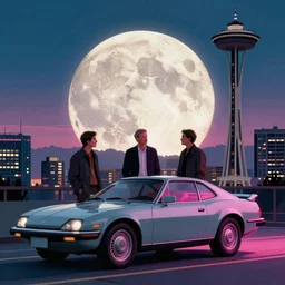 an immaculate cinematic keyframe matte painting of a sleek 1 9 7 0 s vaporwave seattle at dusk with an oversized moon. by eric lafforgue, glennray tutor and edward hopper, greg rutkowski. trending on artstation.