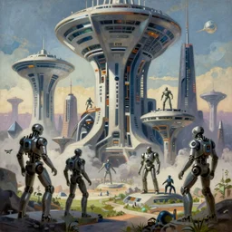 a painting of cyborgs building futuristic architectures, by moebius, jean giraud & kilian eng, moebiues style