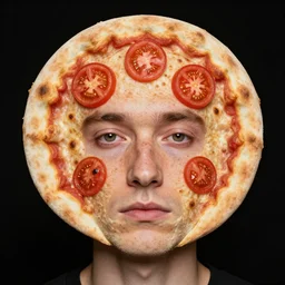 color portrait of man with facial deformity making the head a flat and circular disc, looking like a pizza, doughy skin with baked crust appearance, freckles like burnt spots, blemish features that look like tomato slices, soft lighting, sharp focus, highly symmetrical, black background, masterpiece, case photo by jimmy nelson
