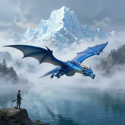 blue dragon flying over big lake, mist and fog, big ice mountain in background, digital painting, fantasy, d & d, artstation, illustration, art by artgerm and irakli nadar and greg rutkowski and alphonse mucha