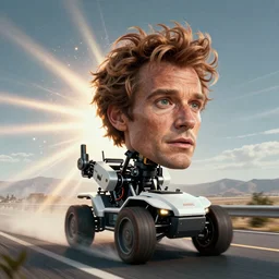 Giant head of David Copperfield on a robotic vehicle with wheels running on a californian highway, rays of light, particles light, kuvshinov ilya, unreal engine, by sasha kalinkin