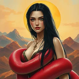burgundy python snakeskin goddess with long black hair in big sun hills biome. highly detailed, digital painting, watercolor, soviet realism, engraving, artstation, concept art, smooth, sharp focus, vivid grunge, manga, illustration, unreal engine 5, 8 k, art by bilibin and kilian eng and kuvshinov and malevich and mucha
