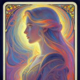 side portrait, imogen poots paladin, gloomhaven, soft, smooth, luminescent oil painting, art nouveau tarot, backlit glow, ripples, swirly vibrant color lines, neo - gothic, gaudy colors, aesthetic octane render, 8 k, by ilya kuvshinov!, cushart krenz
