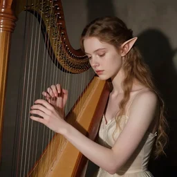 masterpiece of a shy delicate elf bard, playing on a harp, followed by a shadow, beautiful face and flawless skin, perfect hands by Edgar Maxence and Ross Tran and Michael Whelan