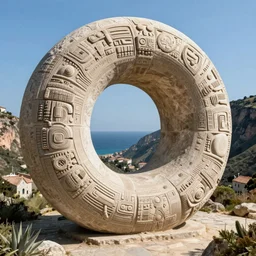 a gigantic paleolothic torus made of stone with highly detailed carvings of intricate shamanic robotic electronics and circuitry in a mediterranean lanscape inside a valley overlooking the sea in the style of michal karcz