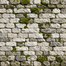 high quality 4 k texture of moss in between cobble stone, white and grey bricks, castle wall, aged and rustic finish, blender design assets, 3 d, photo - realostic, high poly, 3 0 0 dpi, 8 k render, ue marketplace, unreal engine 5, volumetric lighting, realistic shadows,