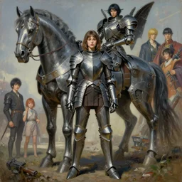 portrait full body girl medieval metal armor cyborg balanciaga with giant metal mecha horse painting by gaston bussiere, greg rutkowski, yoji shinkawa, yoshitaka amano, tsutomu nihei, donato giancola, tim hildebrandt, oil on canvas, trending on artstation, featured on pixiv, cinematic composition, extreme detail