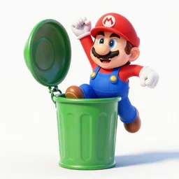 super mario jumping into a garbage can.