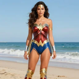 full body portrait of addison rae as wonder women wearing a skintight dress in a beach, large thighs, intricate, elegant, highly detailed, digital painting, artstation, smooth, sharp focus, illustration, art by artgerm and greg rutkowski and alphonse mucha, 8 k