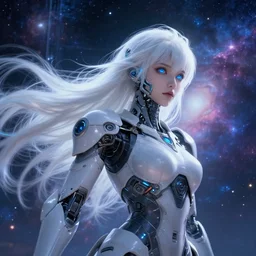 photo of a android girl on a mothership, warframe armor, beautiful face, scifi, nebula, futuristic background, galaxy, raytracing, masterpiece, ethereal, beauty, long white hair, blue cyborg eyes, cosmic wind, flow, 8 k high definition, insanely detailed, intricate, innocent, art by akihiko yoshida, antilous chao, woo kim