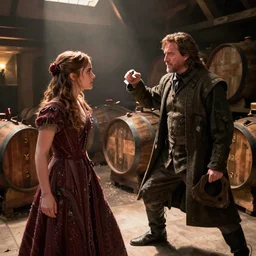 photography emma watson fight with nicholas cage in a medieval wine cellar cinematic