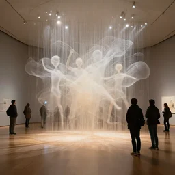 photo of an exhibit museum room, people looking at an abstract art installation depicting the history of humanity, national art museum, beautiful lights, ethereal, rule of thirds, megalophobia