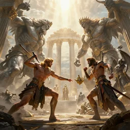 epic masterpiece of cinematographic hyperrealism where gods fight titans in olympus. realistic shaded lighting poster, artgerm, jeremy lipkin and michael garmash, unreal engine, radiant light, detailed and intricate environment, digital art, art station trends