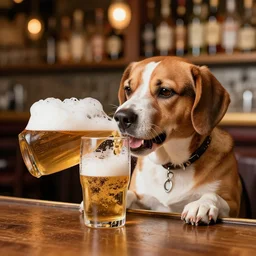 dog drinks beer in the bar in germany