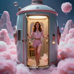 highly detailed colour cinematic 1978 movie scifi scene of a woman entering a fantasy machine, there is mountains of candy floss everywhere