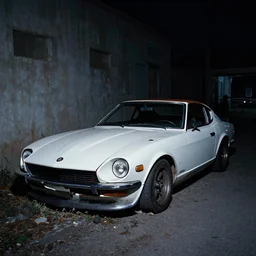 decaying white 350z roadster abandoned in alley night time decrepit shot from bladeruner 2049 soft lighting dark shadows beautiful 10mm camera Ryan Church