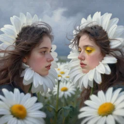 closeup, giant daisy flowers head, girls between monsteras, surreal photography, wind and cold, dramatic sky, impressionist painting, digital painting, artstation, simon stalenhag