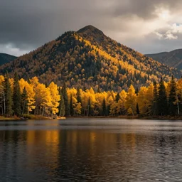 amazing lake view photo of golden taiga, beautiful dramatic lighting