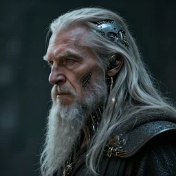 gandalf with cybernetic enhancements, detailed face, scifi character portrait by greg rutkowski, esuthio, craig mullins, 1 / 4 headshot, cinematic lighting, dystopian scifi gear, gloomy, profile picture, mechanical, half robot, implants, steampunk