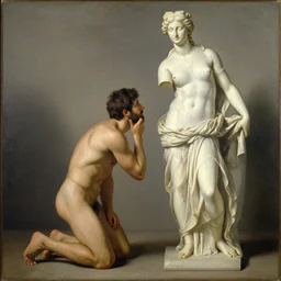 thinking man kneeling in front of Aphrodite, painting, greek