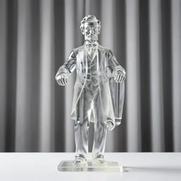 product photography. rule - of - thirds. studio lighting. national geographic merchandise. transparent figurine. see - through. upper body portrait photograph of a transparent!!!!! glass!!!!! statuette of abraham lincoln. award winning concept. by greg rutkowski | james gurney | artstation. curtain bg.
