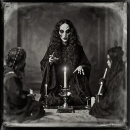 daguerreotype depicting an occult ceremony, creepy entity face, eerie