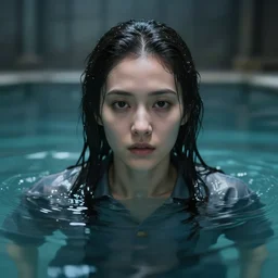 an ultra realistic, cinematic, fantasy, portrait, of a woman, face coming out of water, dramatic, soft light, dreamy, facial features, stood in a cell, with prison clothing, detailed, deep focus, movie still, dramatic lighting, ray tracing, by michal karcz and yoshitaka amano