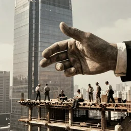 photo from the 1930s of a giant hand harassing construction workers who are having lunch on a beam at an unfinished skyscraper