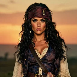 an award winning outdoors portrait photo of tanned eva mendes as a 1 7 0 0 s dirty caribbean olive tanned pirate with black silk hair, slightly big nose defined jaw, very beautiful, smug face, blue eyes, wearing a vest and short coat, sunset, movie color graded