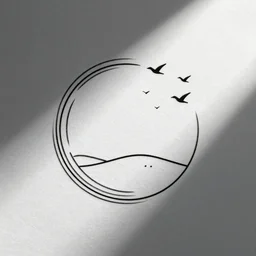 a simple tattoo design of minimalist birds flying into in semi circle lines and simple basic shapes, black ink, abstract logo, line art