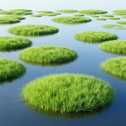 elevated foliage islands up close. grass islands. grass islands. flooded plains landscape. clear sunny day at noon. centered tree. big leaves. flood waters. max rive, 4 k, instagram, landscape, hdr