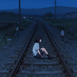 girl with short black hair, she sits on an abandoned railway track, at midnight, clear sky, view from above, digital concept art illustration by akihiko yoshida and jean - baptiste monge and makoto shinkai and wlop