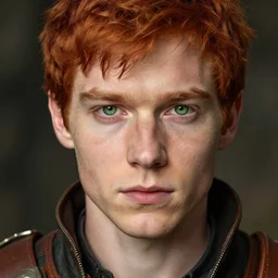 masterpiece closeup portrait of a young man with green eyes and short red hair, wearing adventuring gear, by Rembrandt, 4k, masterpiece, cinematic, dungeons and dragons, detailed