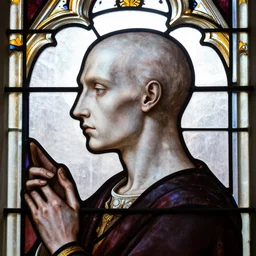 gothic stained glass window, detailed side - view portrait of a pale 6 0 year old man, papery and ashy skin, hairless, masterful, backlit